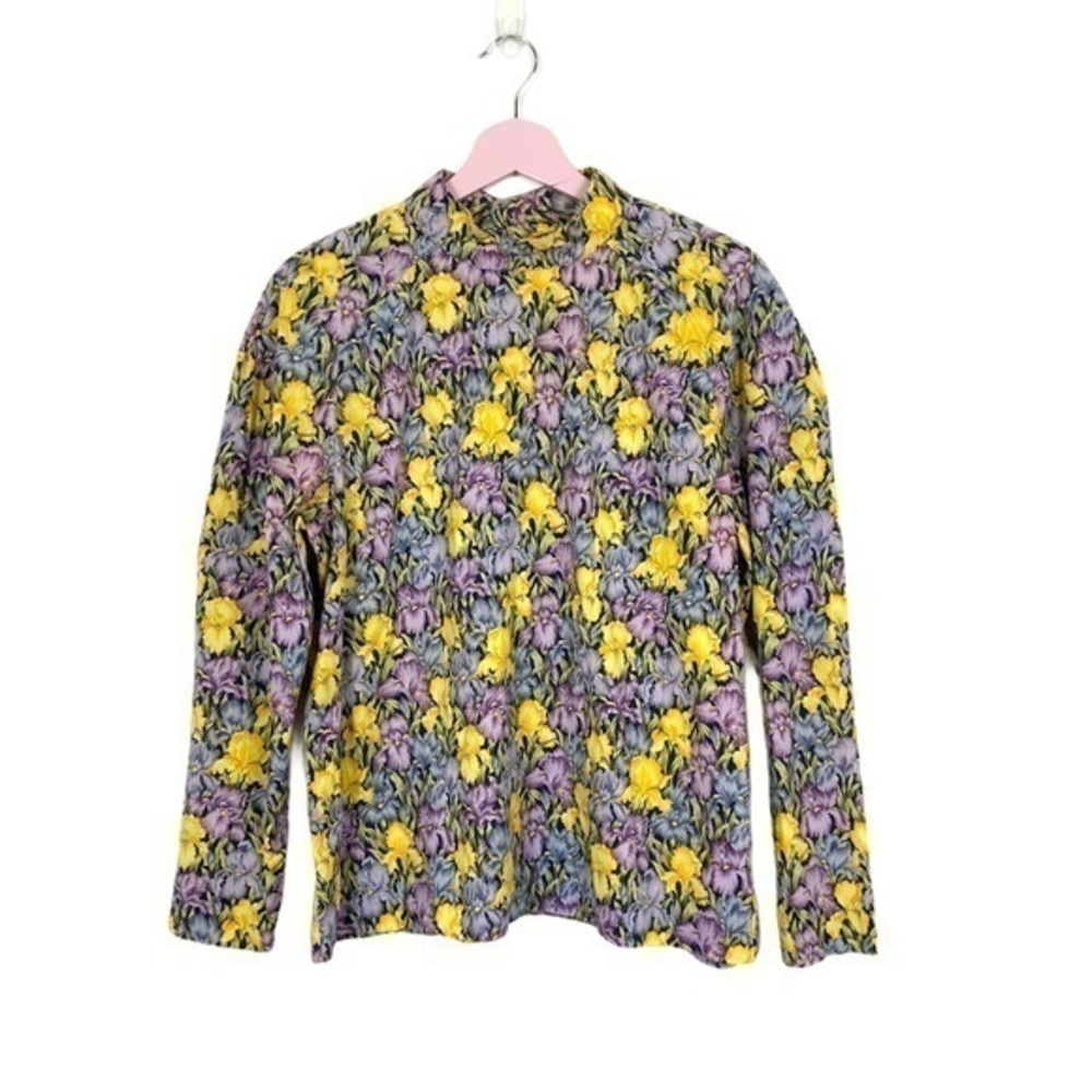 Vintage cottagecore purple yellow floral long sleeve mock neck top‎ handmade
